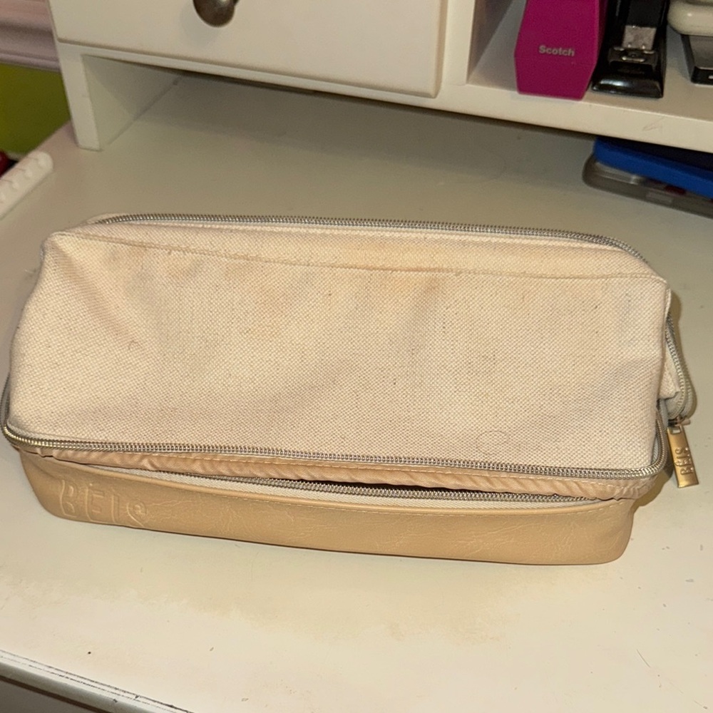 Beige Canvas and Leather Zippered Pouch